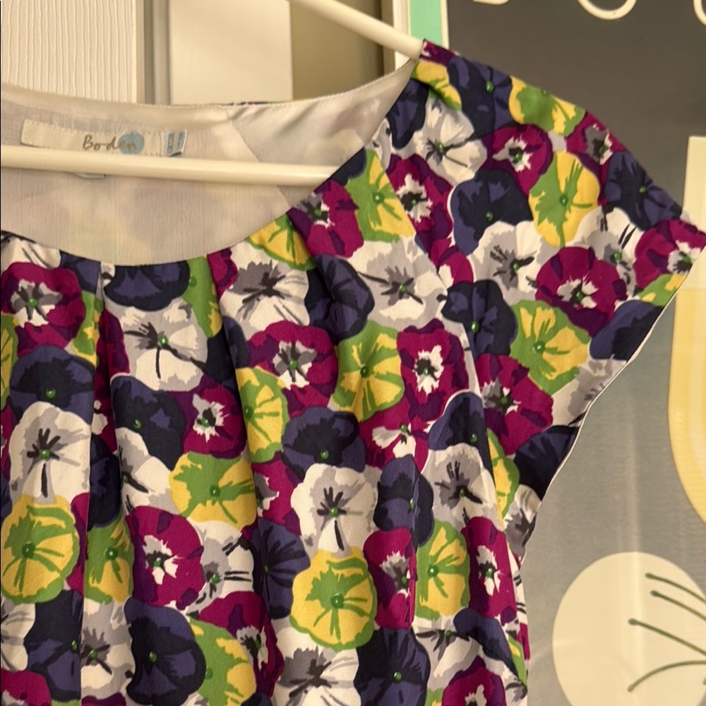 Boden silk floral violets pansies dress size 8